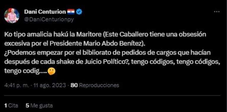 Publicación del diputado Daniel Centurión (ANR, FR) en aparente respuesta a "Bachi" Núñez