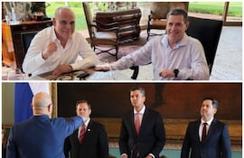 Raúl Latorre en traje oscuro sonríe mientras Santiago Peña viste camisa a rayas y ambos levantan el puño en un ambiente elegante.