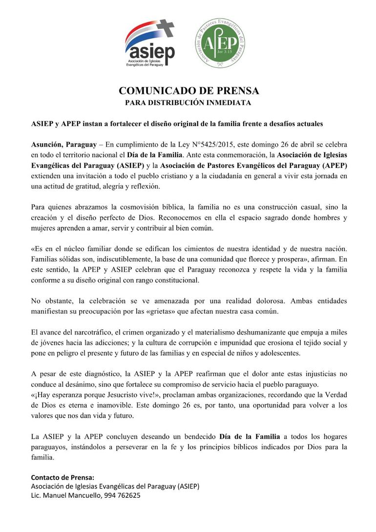 Comunicado de asociaciones evangélicas sobre el Día de la Familia.