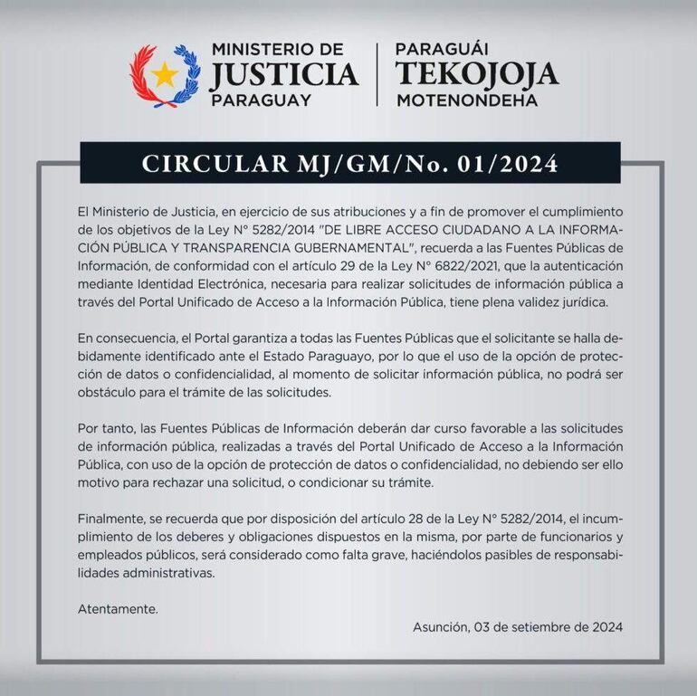 El Ministerio de Justicia de Paraguay aclaró en el 2024 que la Identidad Electrónica tiene plena validez jurídica.
