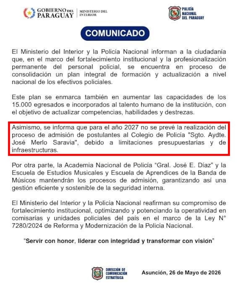 El comunicado sobre la suspensión de la admisión de postulantes para el Colegio de Policía.