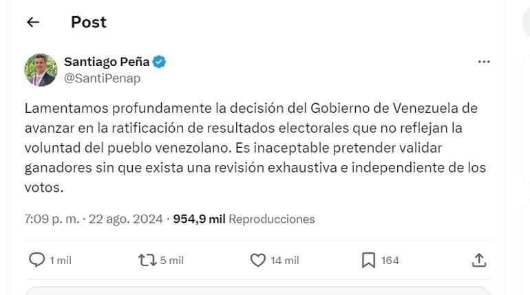 Posteo de Santiago Peña sobre Venezuela.