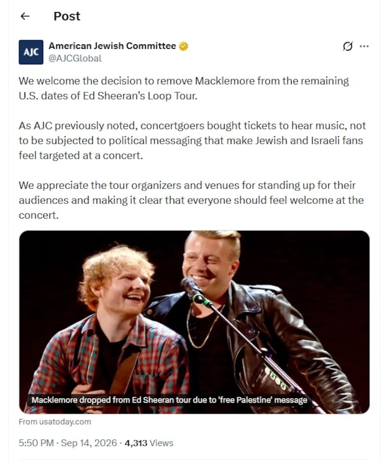 El Comité Judío Estadounidense (American Jewish Committee, AJC) aplaudió la expulsión de Macklemore del tour