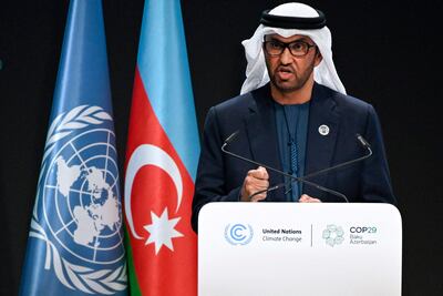 El ministro de Industria y tecnología emiratí y presidente de la COP28, Sultan Ahmed Al Jaber, en Bakú, en la apertura de la COP29.