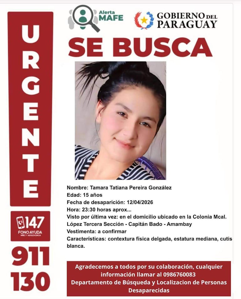 Cartel de búsqueda con foto de Tamara Tatiana Pereira, sonrisa amigable, top a rayas, fondo blanco con texto informativo.