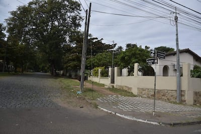 Calle arbolada y tranquila en el Complejo Santo Domingo del IPS, con adoquines y vereda de baldosas en un día nublado.
