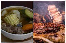 Combo de fotografías que incluye un plato de puchero y unos cortes de carne asada a la parrilla.