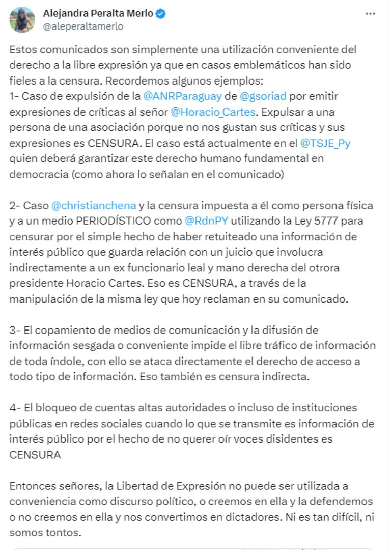 Tweet de Alejandra Peralta Merlo en el que explica como Honor Colorado busca utilizar a conveniencia libertad de expresión tras denuncia por violencia hacia la mujer contra el diputado Rodrigo Gamarra.