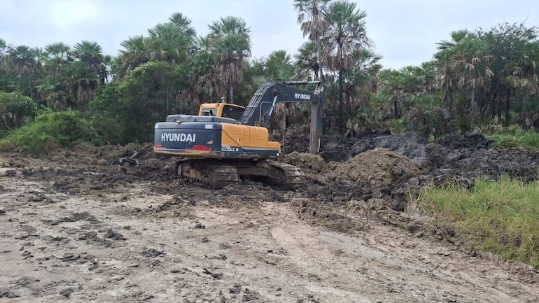 Excavadora sacando tierra seca, para cargar los tramos de los caminos