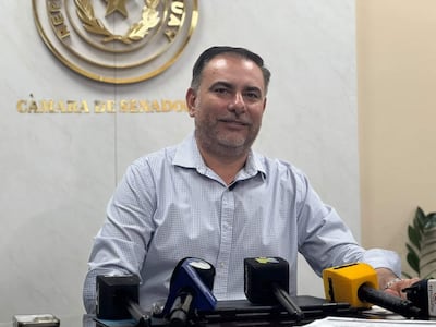 Éver Villalba sentado frente a un micrófono en la Cámara de Senadores, con camisa de cuadros y expresión amigable.