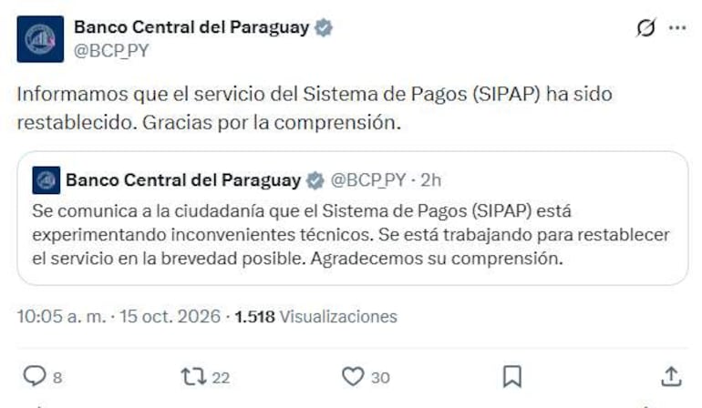 Tuit del Banco Central del Paraguay sobre el restablecimiento del servicio SIPAP, con logotipo y agradecimientos a la ciudadanía.