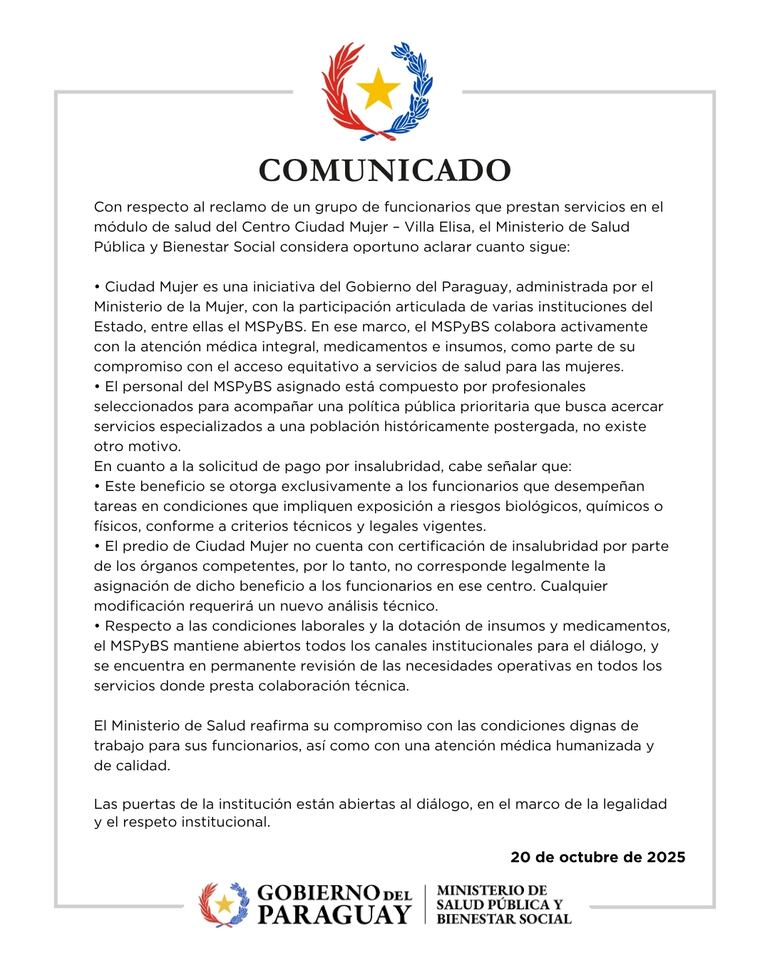 Comunicado del Ministerio de Salud afirmando que Ciudad Mujer no tiene certificación de insalubridad.