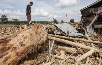 Un hombre entre escombros en una zona afectada por una inundación en el norte de Sumatra.