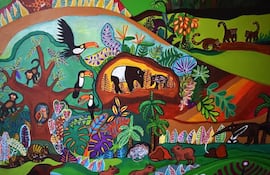 Pintura de la artista Marijó Veiga que forma parte de la muestra Fauna "sin techo", en el Centro Cultural del Lago.