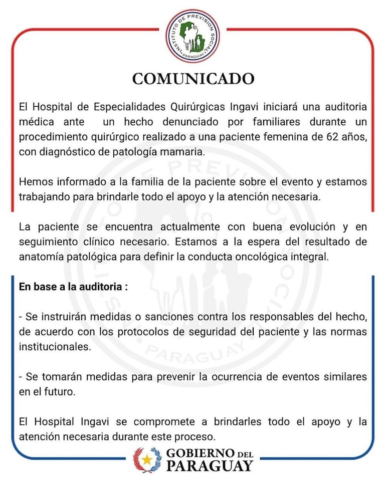 Comunicado difundido por el Instituto de Previsión Social en sus redes sociales