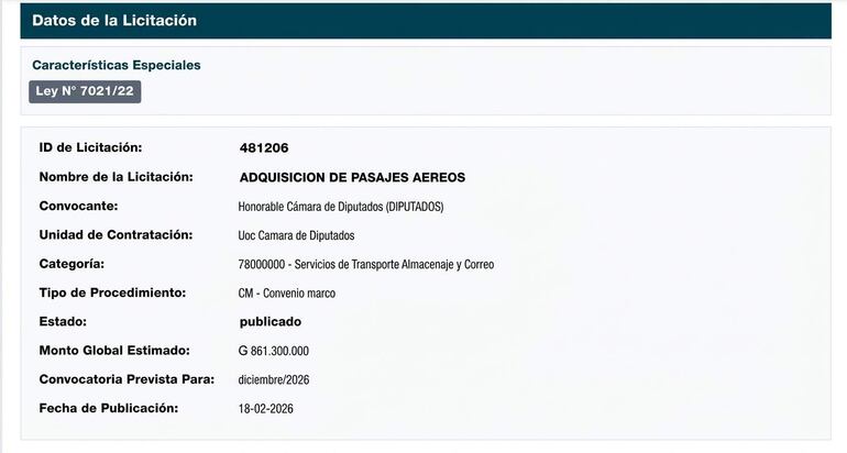 Documento de licitación con información sobre adquisición de pasajes aéreos, sin presencia de personas.