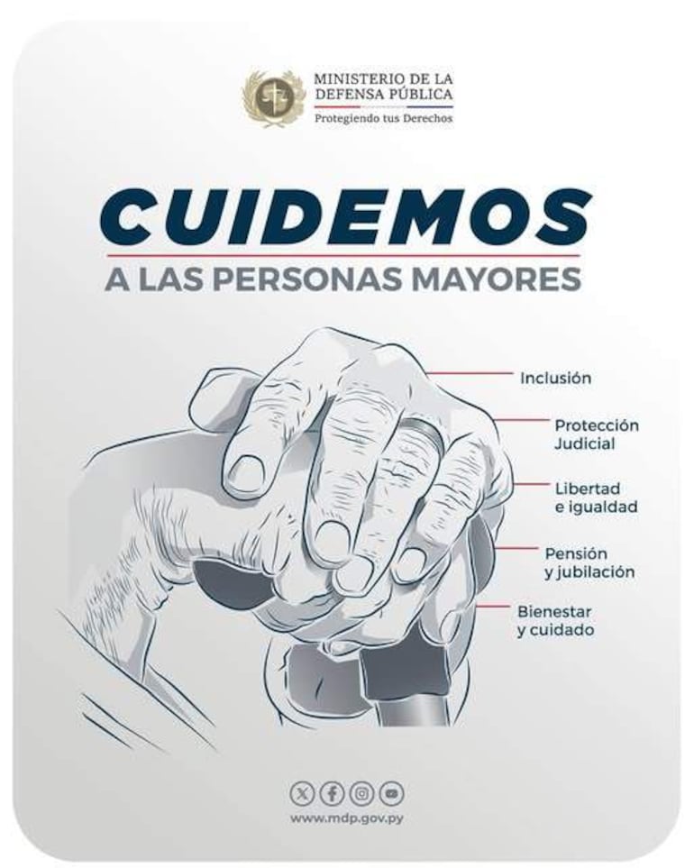Cartel del Ministerio de Defensa Pública con manos entrelazadas, fondo blanco y texto que destaca el cuidado a las personas mayores.
