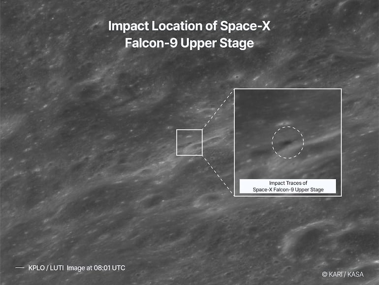 Danuri captó imágenes de la etapa superior del cohete Falcon 9 de SpaceX impactando contra la superficie de la Luna el 5 de agosto a las 15:34 (hora de Corea).