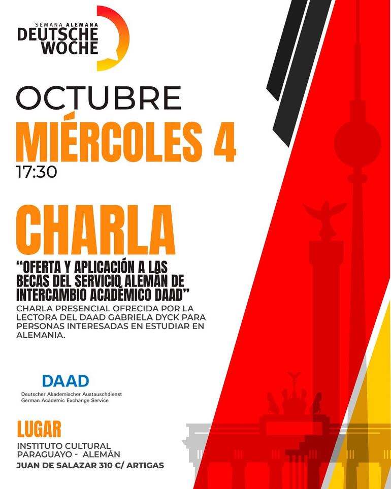 La Semana Alemana, organizada por la Embajada de Alemania y el Instituto Paraguayo Alemán, continúa en Asunción con una charla el miércoles 4 para los interesados en proseguir gracias a becas sus estudios en Alemania.