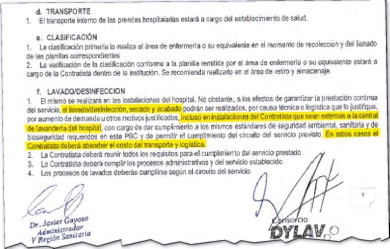 Extracto del contrato firmado por el MSP donde se menciona que el servicio puede realizarse fuera del centro asistencial, pero a costo cero para la cartera sanitaria.