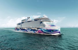 Imagen cedida por la naviera estadounidense Norwegian Cruise Line (NCL) que muestra una ilustración del crucero Aura, actualmente en construcción en Italia. Norwegian Cruise Line (NCL) estrenará su barco más grande y largo, con capacidad para 3.840 pasajeros, que iniciará operaciones desde Miami a partir de junio de 2027 con itinerarios por el Caribe.
