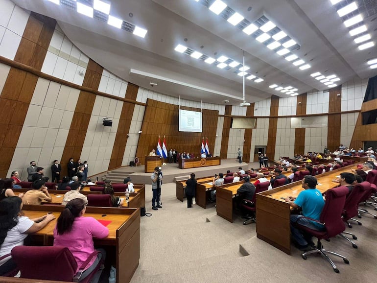 Grupo de personas en vestimenta formal escucha atentamente, algunas de pie en el escenario, banderas de Paraguay al fondo.