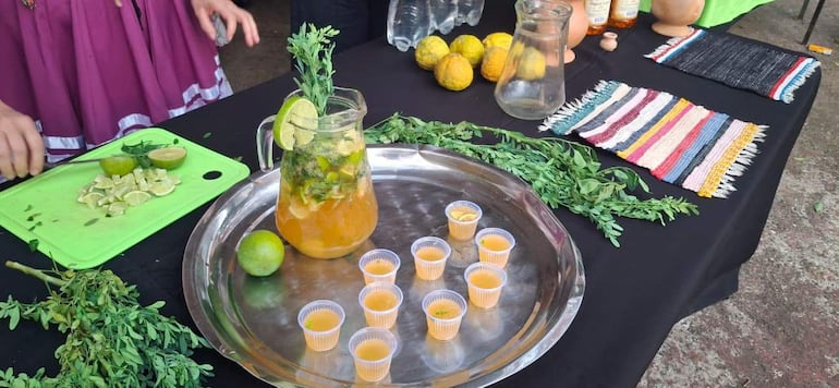 Dos personas en vestimenta casual manipulan ingredientes sobre una mesa decorada, mientras preparan cócteles en un ambiente al aire libre.