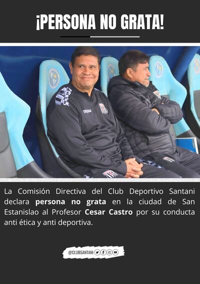 De esta forma, Deportivo Santaní declaró "persona no grata" a su ex entrenador César Castro.
