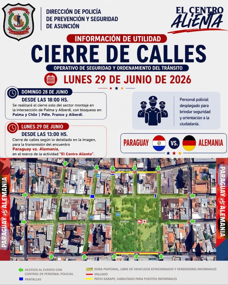 Flyer de la Policía Nacional del operativo de seguridad en el centro de Asunción por el partido de Paraguay vs. Alemania.