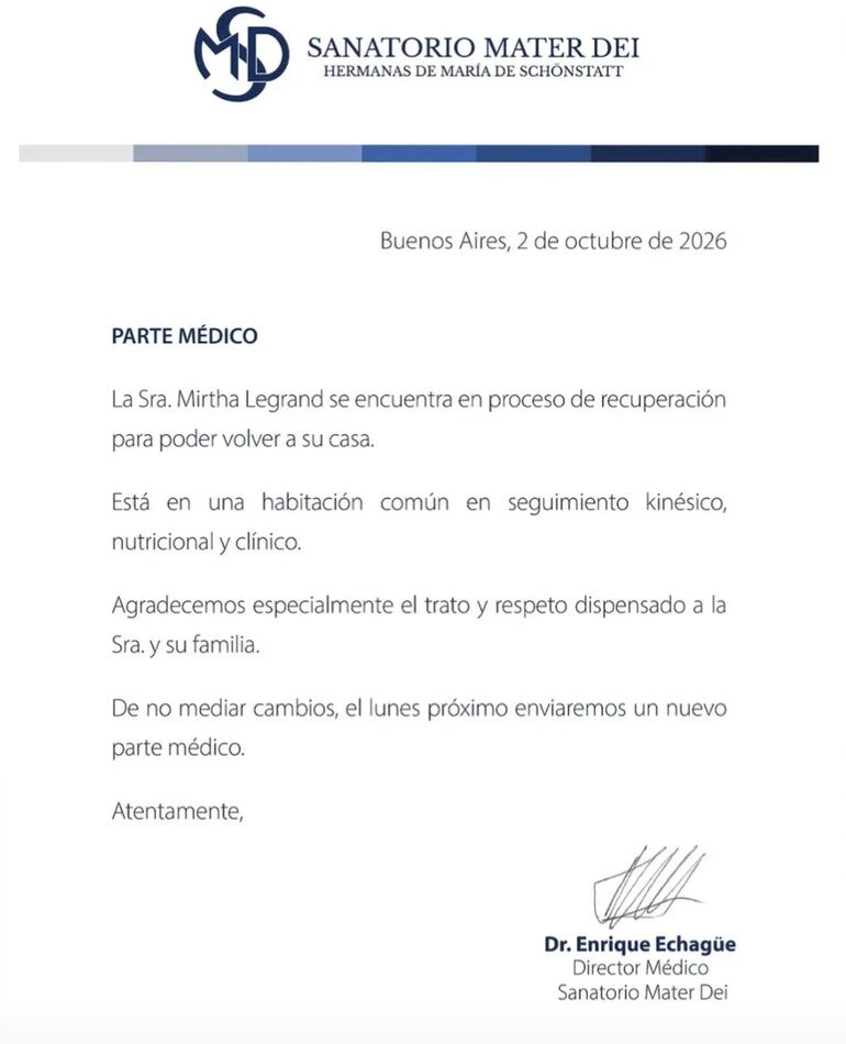El nuevo parte médico de Mirtha Legrand. (Captura de la historia de Instagram de La Mesaza)