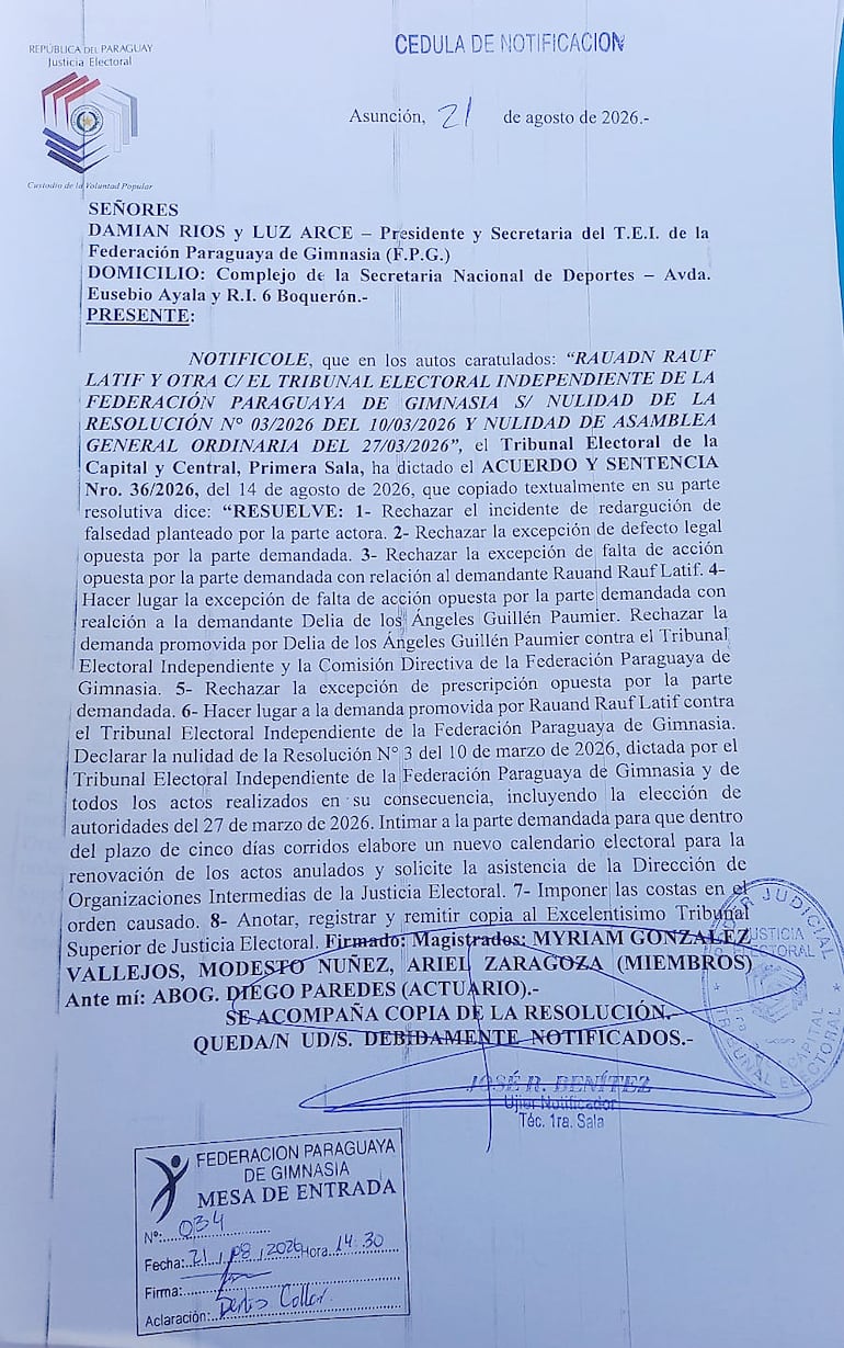 Cédula de Notificación de la Justicia Electoral, dando lugar a la demanda y declarando la nulidad de una Resolución del TEI de la FPG.