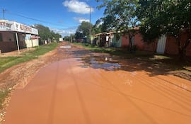 Calle en San Roque con casas sencillas a los lados y charcos de agua en el pavimento. Establecimientos comerciales visibles.