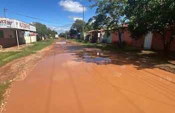 Calle en San Roque con casas sencillas a los lados y charcos de agua en el pavimento. Establecimientos comerciales visibles.
