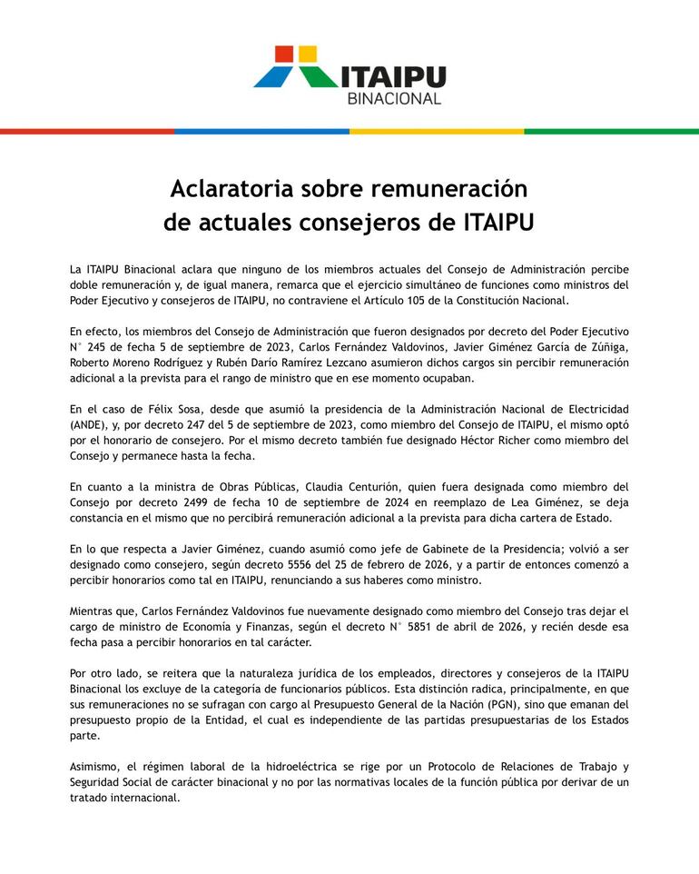 Aclaratoria de Itaipú sobre remuneraciones de consejeros.