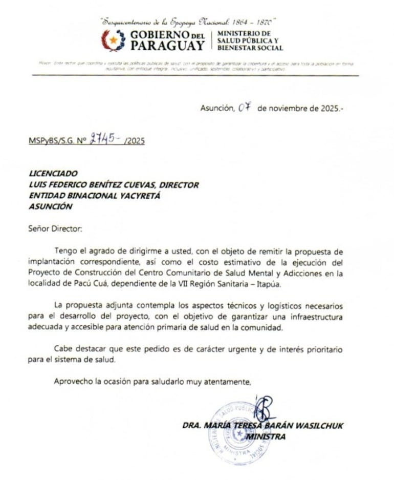 EBY financiará construcción de Centro de Adicciones en Seccional Colorada de Encarnación a pedido de la Ministra de Salud