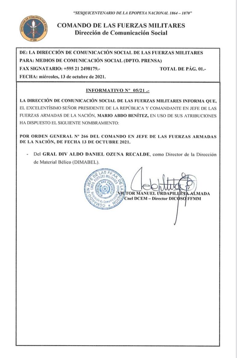Documento oficial en el que se informa que se designa a un nuevo director de DIMABEL. (gentileza)