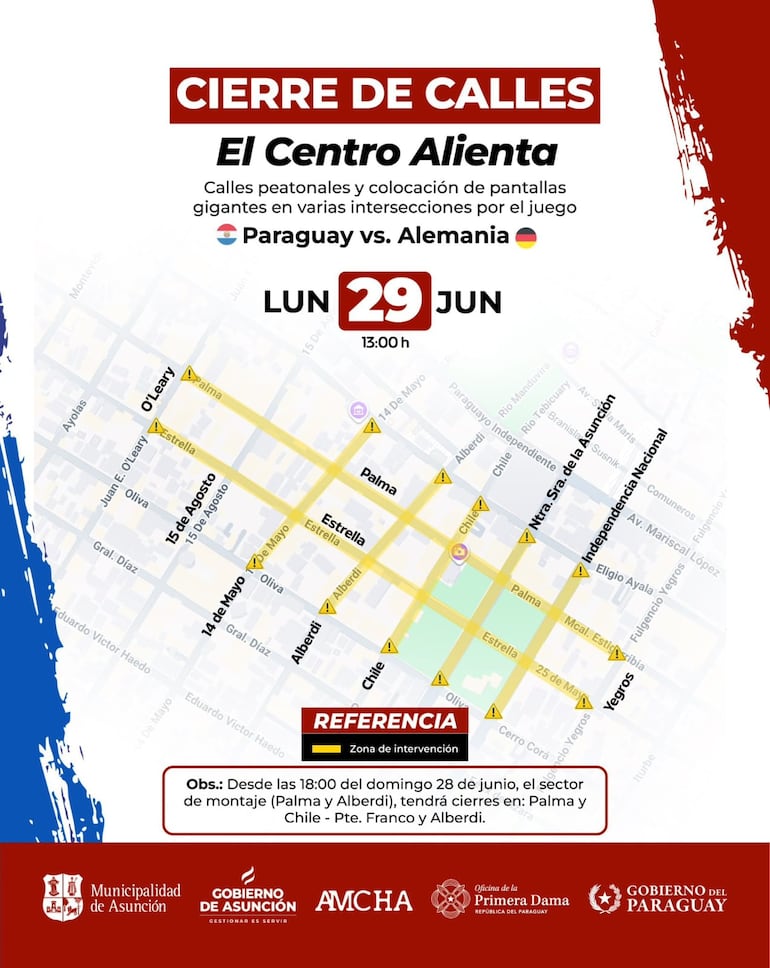 Las calles que estarán cerradas mañana después del mediodía en el centro de Asunción.