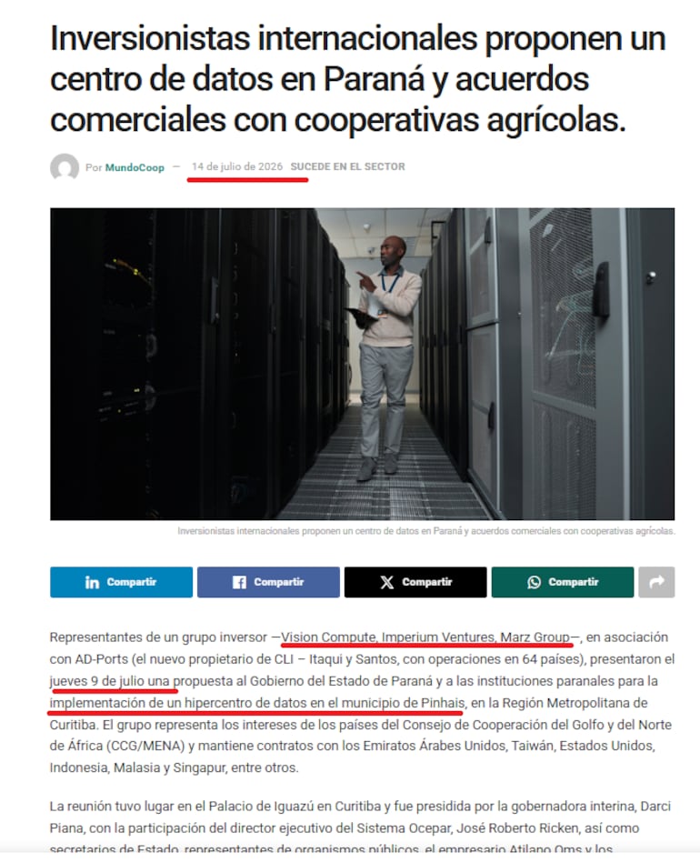 Publicación de Mundo Coop de Brasil sobre la propuesta del centro de datos en Paraná.
