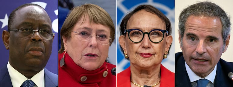 Los aspirantes a la secretaría general de la ONU: Macky Sall (Senegal), Michelle Bachelet (Chile), Rebeca Grynspan (Costa Rica) y  Rafael Grossi (Argentina).
