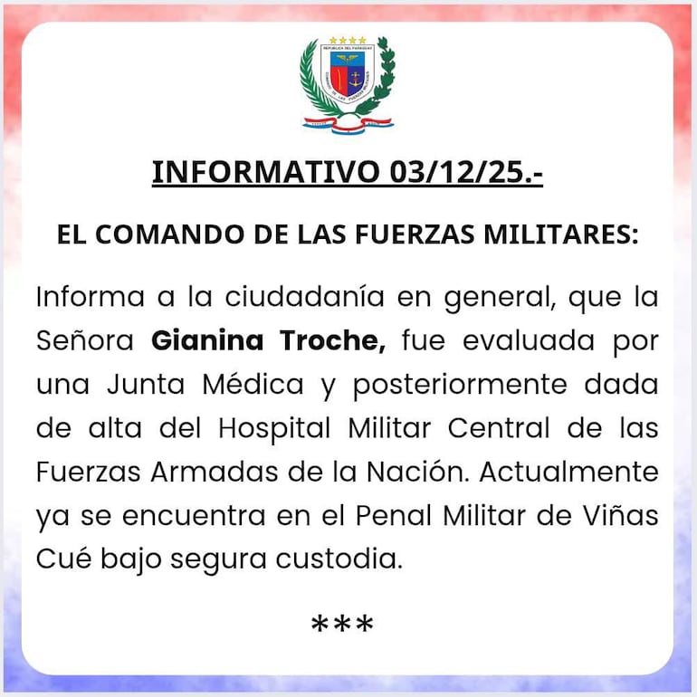 Comunicado del Comando de las Fuerzas Armadas sobre traslado de Gianina García a la Cárcel de Viñas Cué.