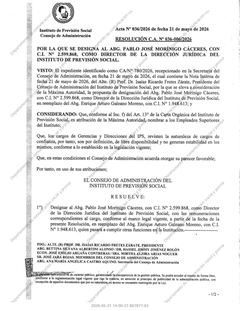 Resolución de nombramiento de Pablo José Morínigo Cáceres.