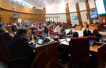 Los diputados Adorno Mazacotte y Esgai Mansia en sesión legislativa, mostrando emociones tranquilas en un ambiente moderno y cerrado.