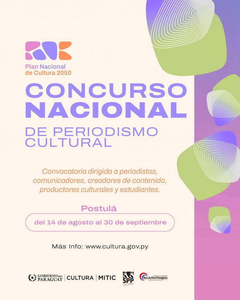 Cartel informativo sobre concurso de periodismo cultural, con colores suaves y logo del Plan Nacional de Cultura 2050.