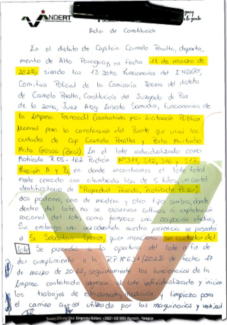 El acta  que redactó la comitiva cuando acudió para despejar los lotes fiscales en la Bioceánica.