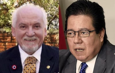 Dos hombres en blazers y corbatas, uno con expresión calmada y otro con ligera confusión en un fondo neutro.