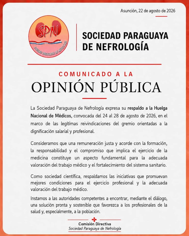 Comunicado de la Sociedad Paraguaya de Nefrología sobre respaldo a huelga médica, con logo y texto oficial en un documento.