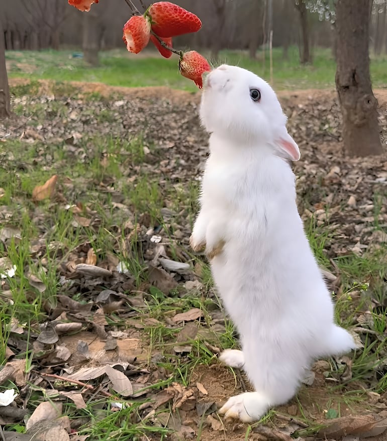 Conejo comiendo frutillas.