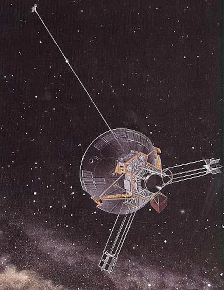 Dibujo que muestra la sonda Pioneer 11 a miles de millones de kilómetros de la Tierra.