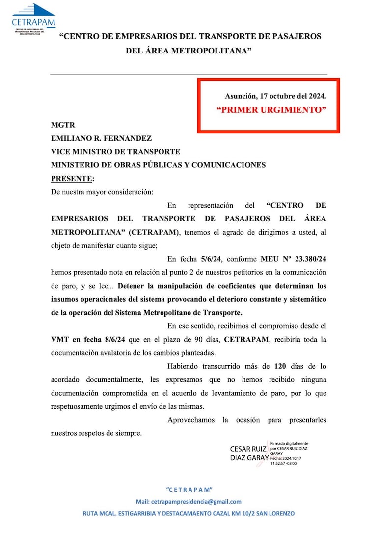 Urgimiento de Cetrapam al VMT.