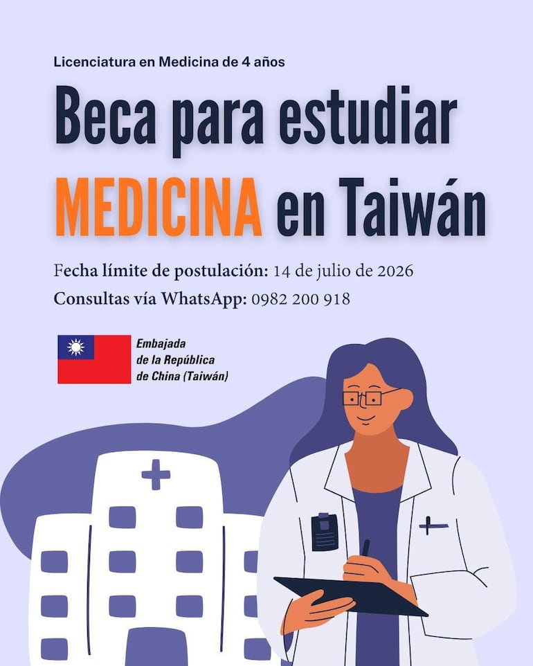 Mujer con bata de médico y gafas sostiene cuaderno y bolígrafo, con fondo de edificio hospitalario y bandera de Taiwán.